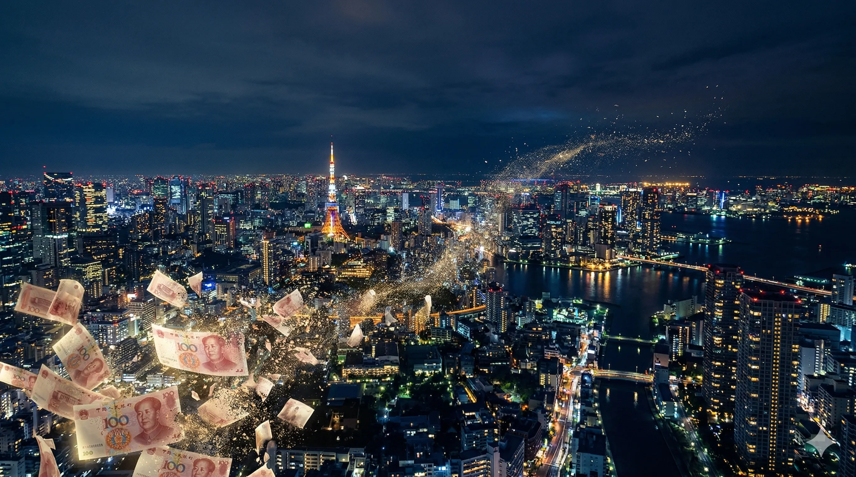 東京のビル群の夜景に、薄れていく人民元紙幣のシルエットが重なるイメージ