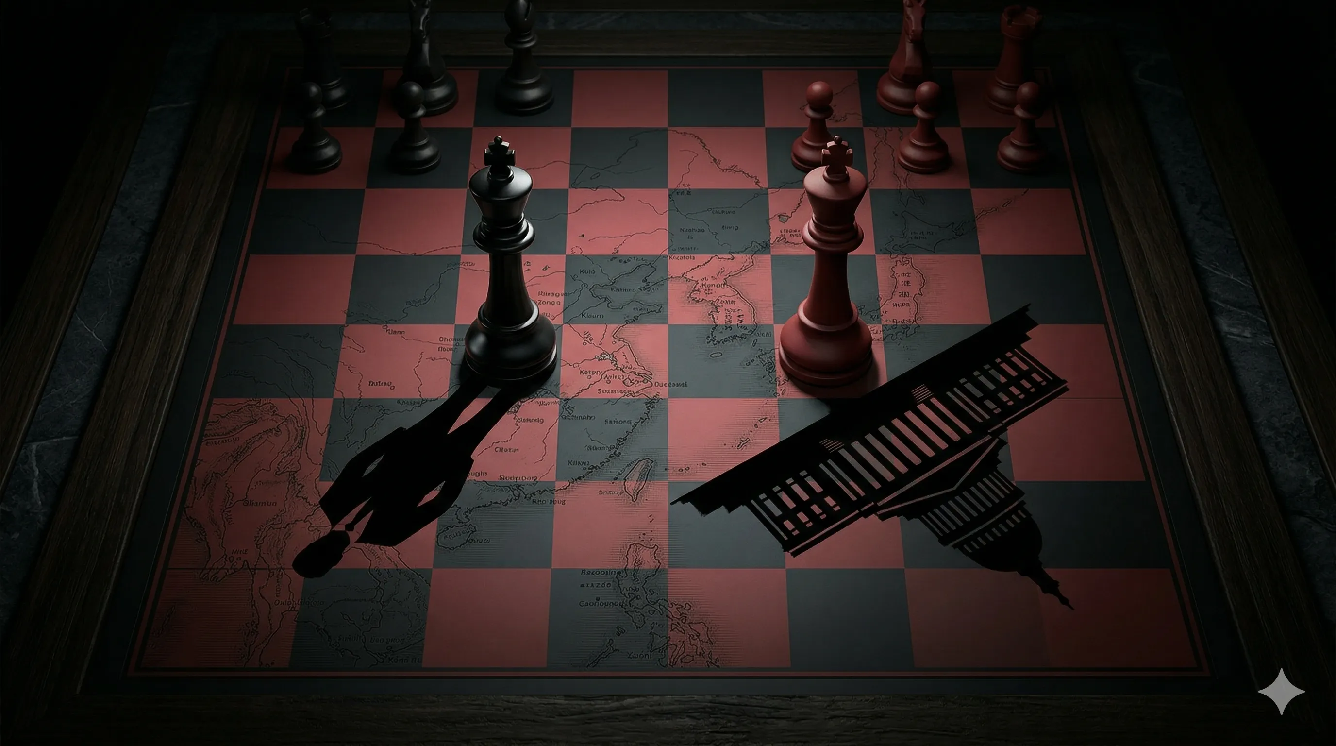 Two chess pieces facing each other on a board — a suited figure and the shadow of a government building