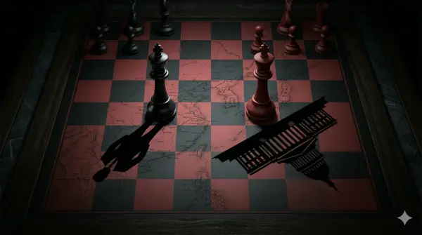 Two chess pieces facing each other on a board — a suited figure and the shadow of a government building