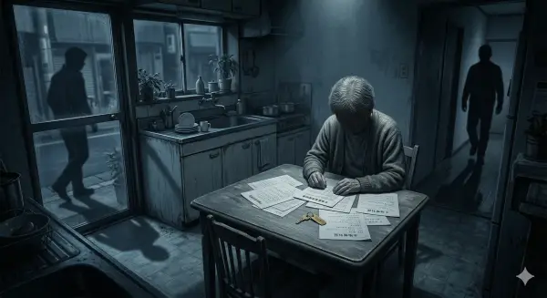 Younger hands protectively wrapping around elderly hands, with shadows of a house and legal documents in the background
