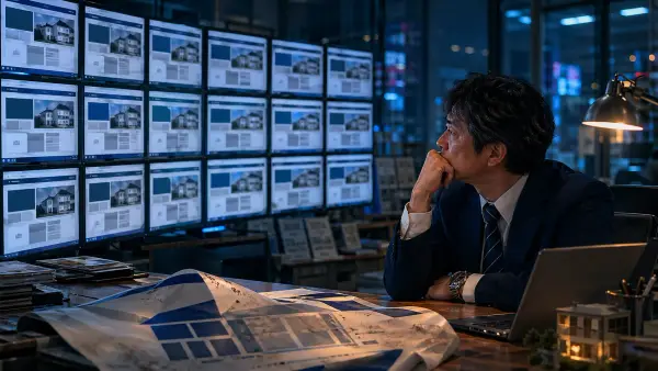 同じテンプレートで量産された無数の市区町村ページが並ぶ画面と、ほこりをかぶった「ページ数1万超」と書かれた看板